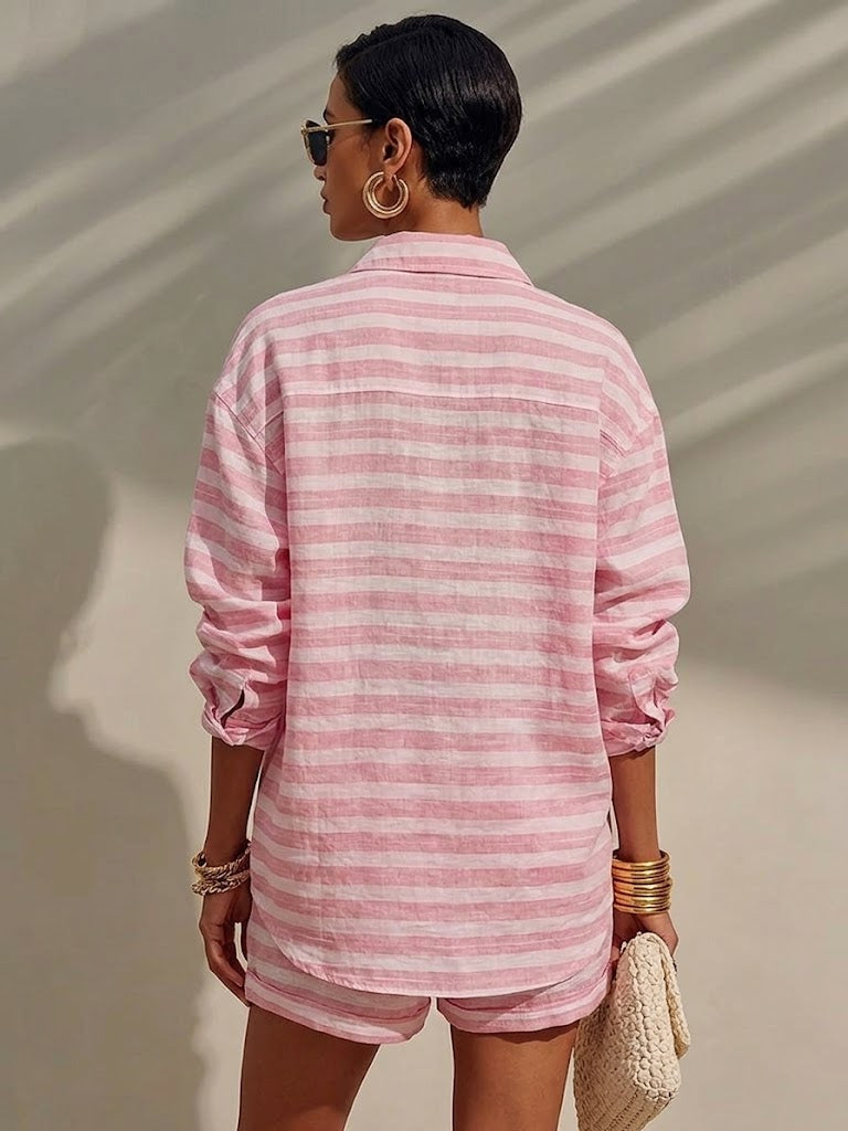Casual-chic Striped Linen-cotton Shirt And Shorts Two-piece Set