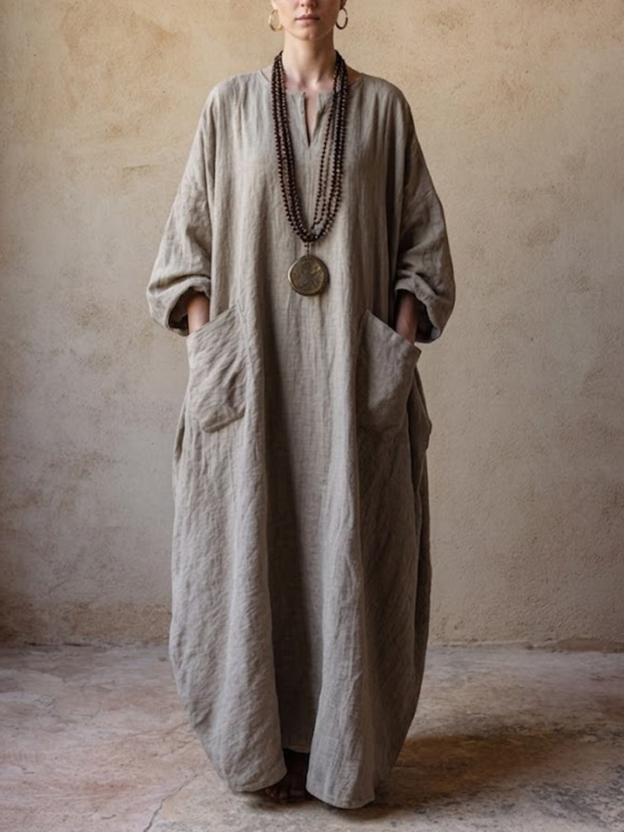 Women's Simple Bohemian Style Loose Cotton And Linen Dress