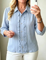 Elegant Ruffle Blouse Pleated Front Button Down Shirt With Pearl Buttons