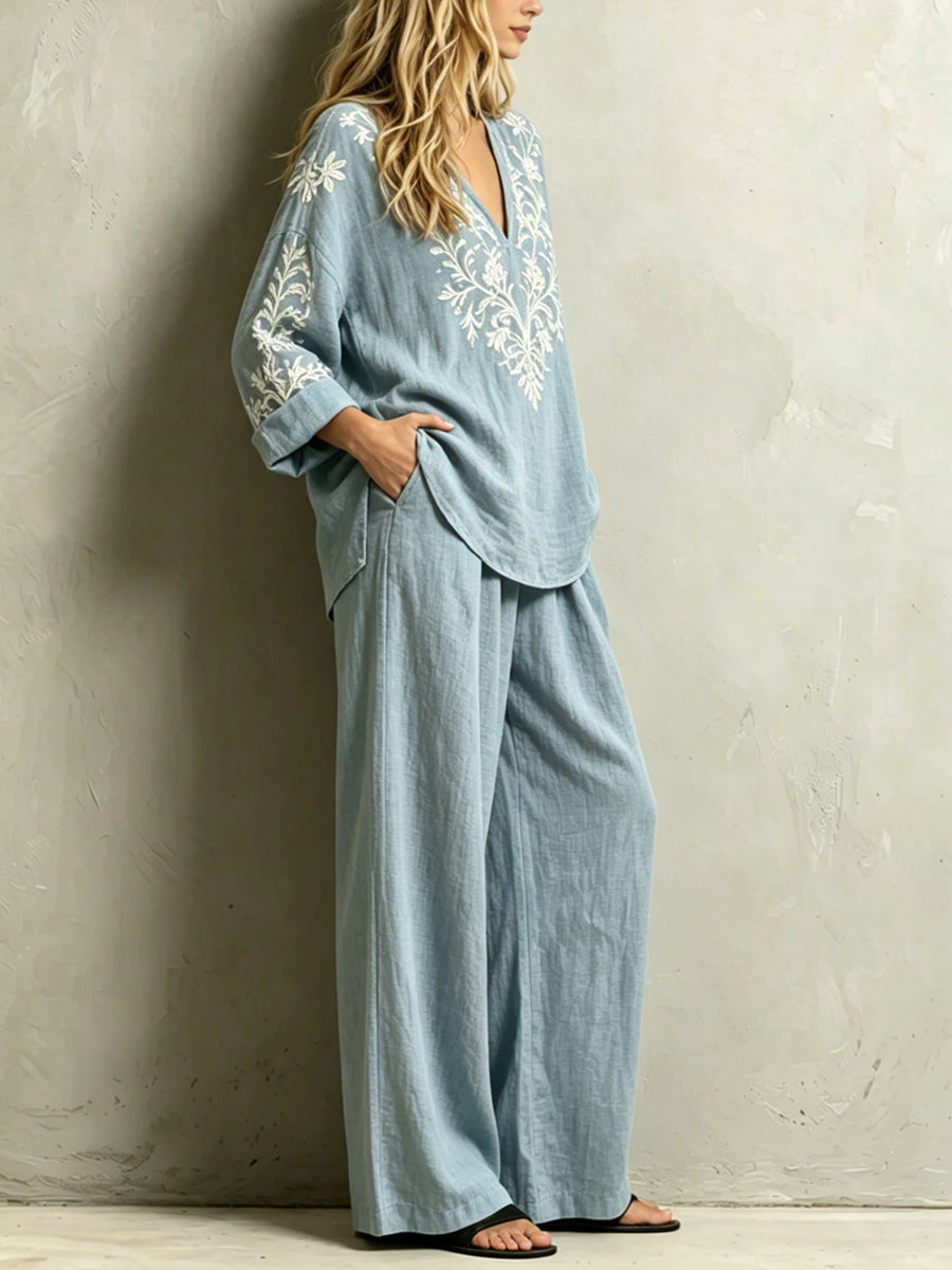 Women's Light Blue Ethnic Style Cotton And Linen Set