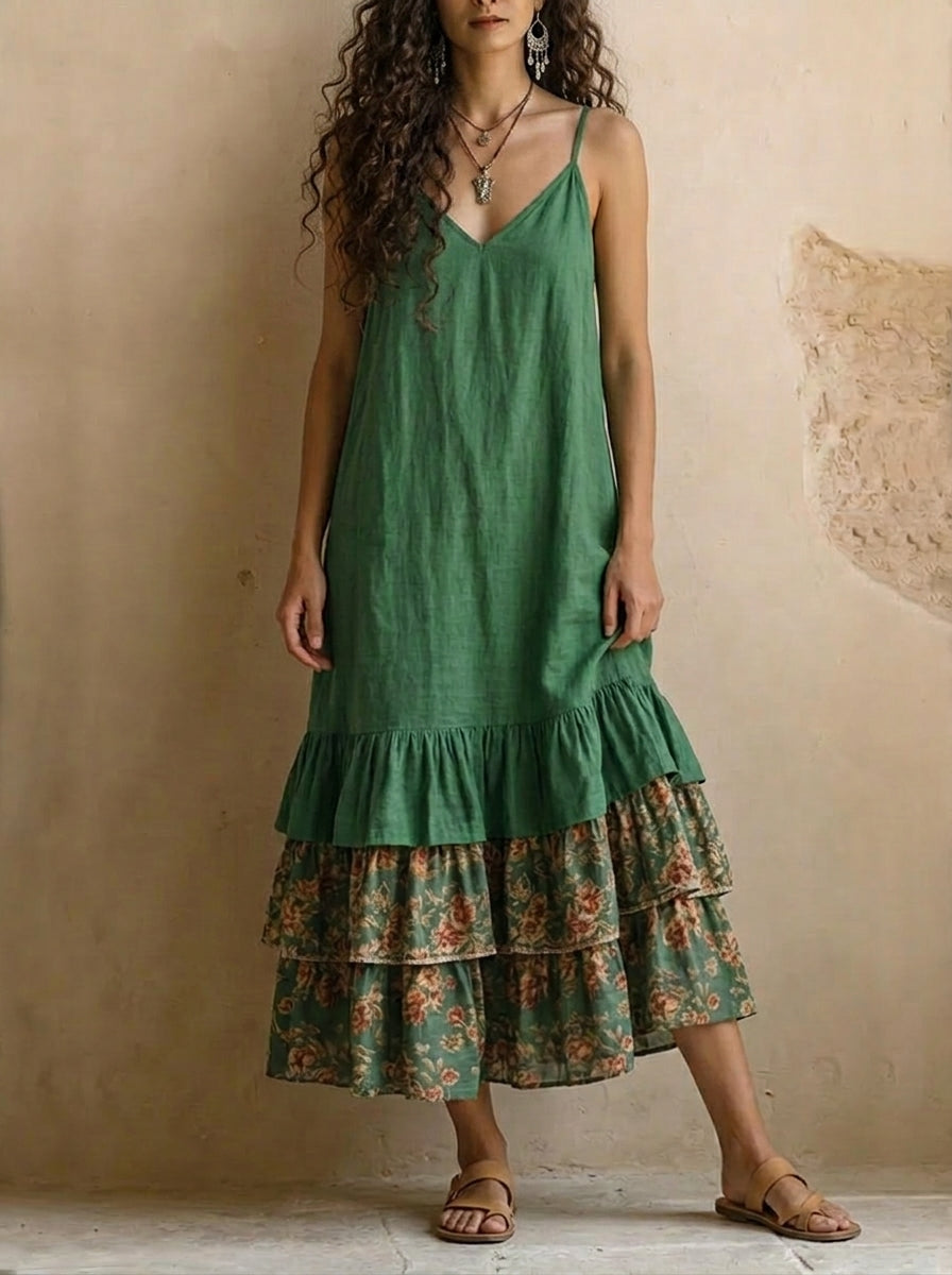 Women’s Strap Multi-layer Ruffle Pockets Maxi Dress