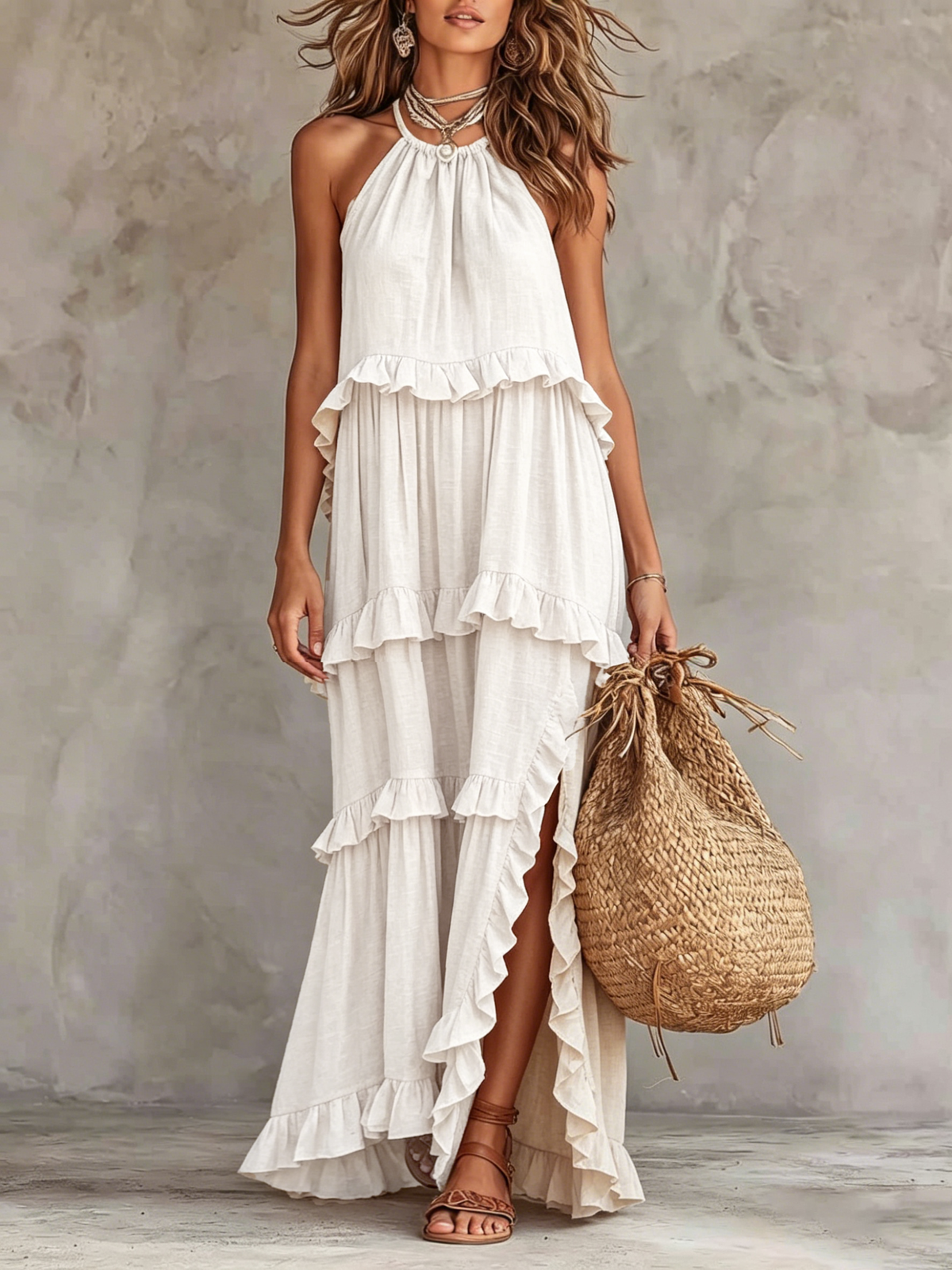Women's Cotton Linen Boho Halter Maxi Dress Elegant Tiered Ruffle Backless Long Dresses