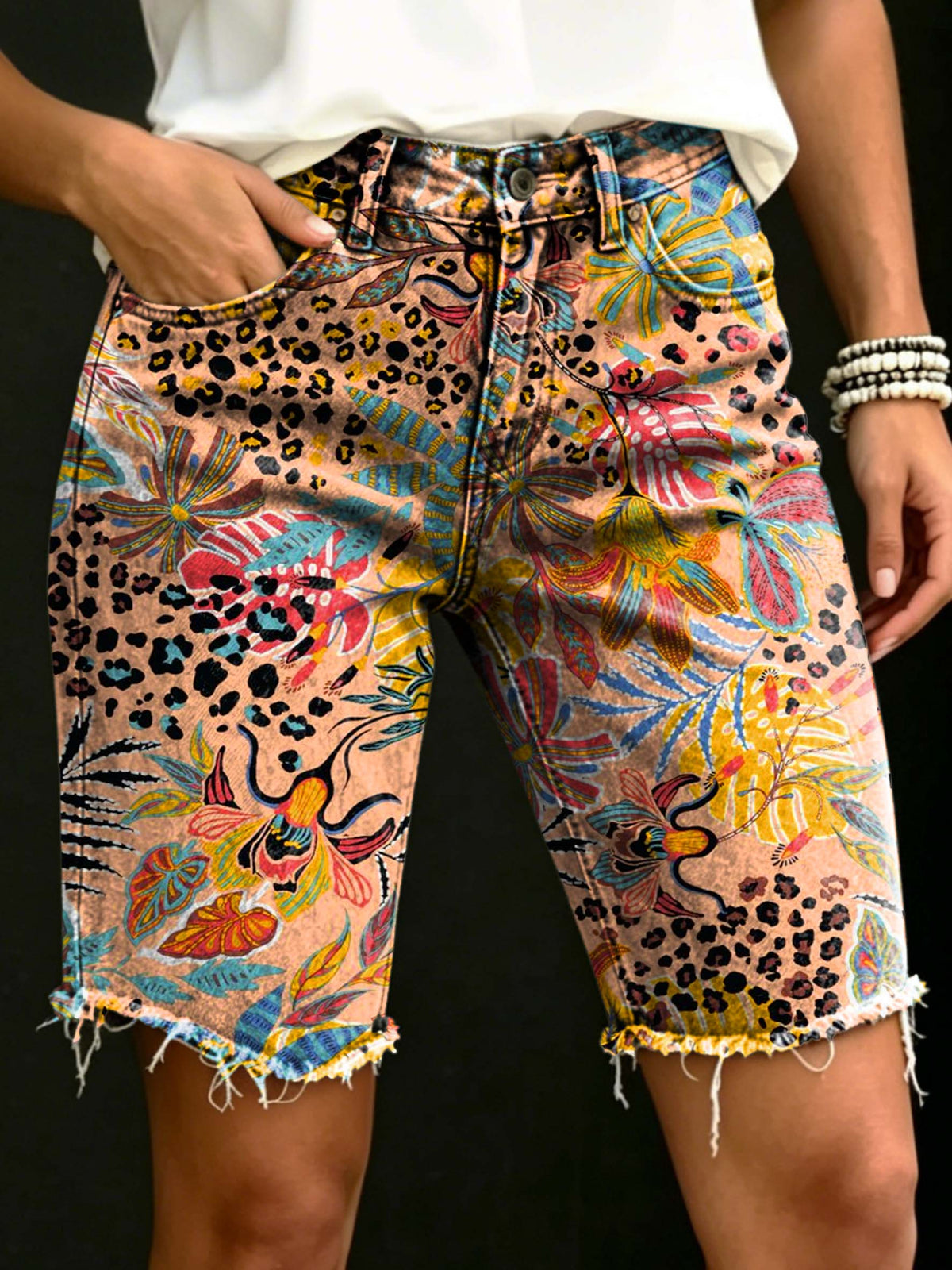 Women's Vintage Ethnic Tropical Floral Leopard Print Art Casual Denim Shorts
