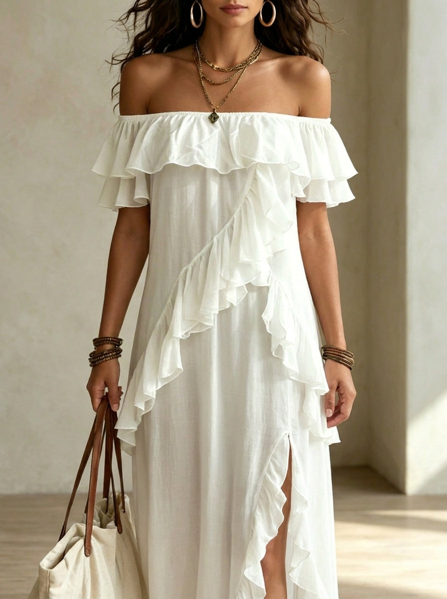 Women’s Elegant Romantic Vocation Off-shoulder Ruffle With Side Slit Maxi Dress