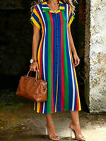 Women's Rainbow-striped Short-sleeve Button-up Maxi Dress