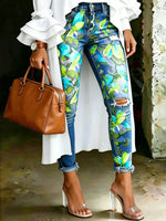 Women's Floral Art Print Art Ripped Skinny Jeans