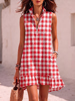 Vintage-style Stand-collar Gingham Cotton-linen Dress