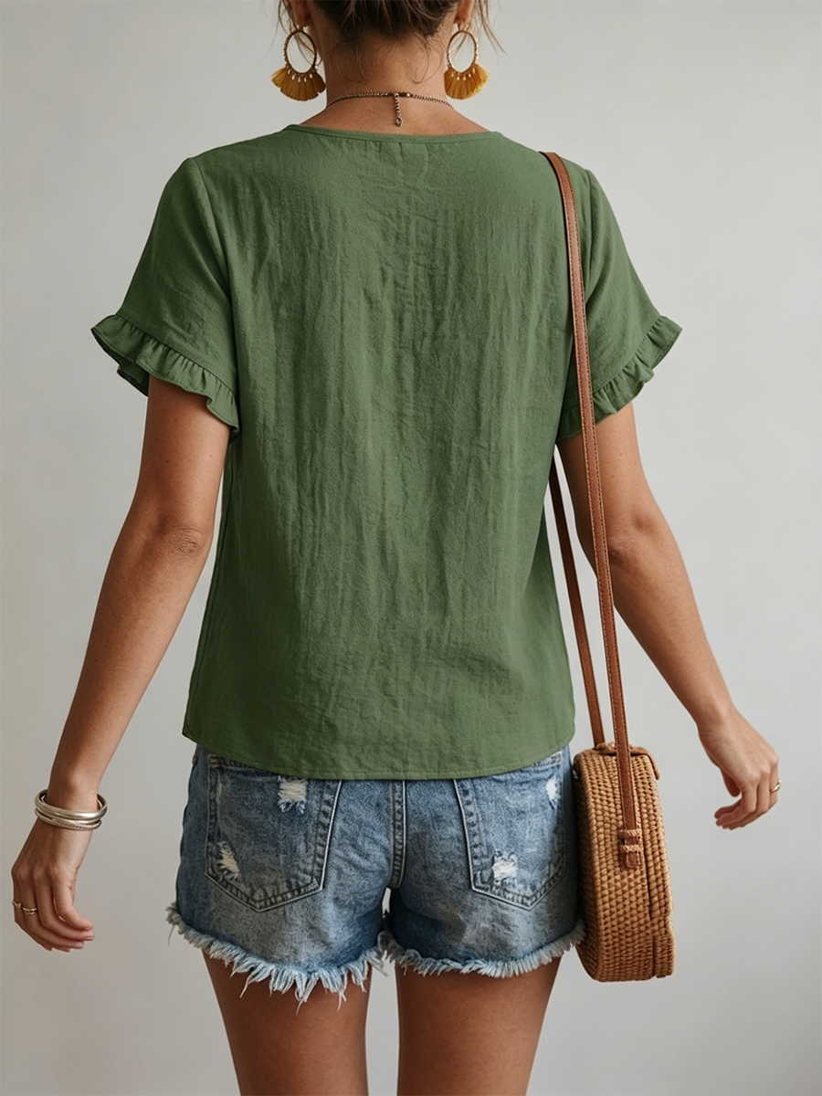 Floral-embroidered V-neck Casual Shirt With Ruffled Short Sleeves