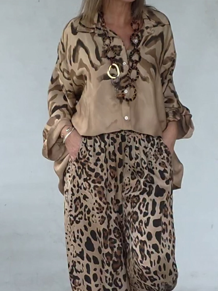 Two-piece Set Featuring A Relaxed-fit Leopard Print Tencel-cotton Shirt And Striped Trousers.