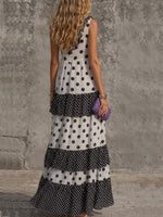 Stylish Casual Maxi Dress Featuring A Mix Of Large And Small Polka-dot Prints And Ruffled Details.