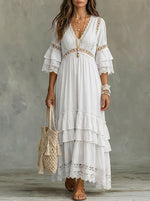 Women's Three-quarter Sleeves Ruffled Cutout Details Maxi Dress