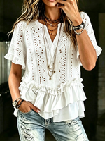 Women‘s White Openwork Ruffled Henley Shirt