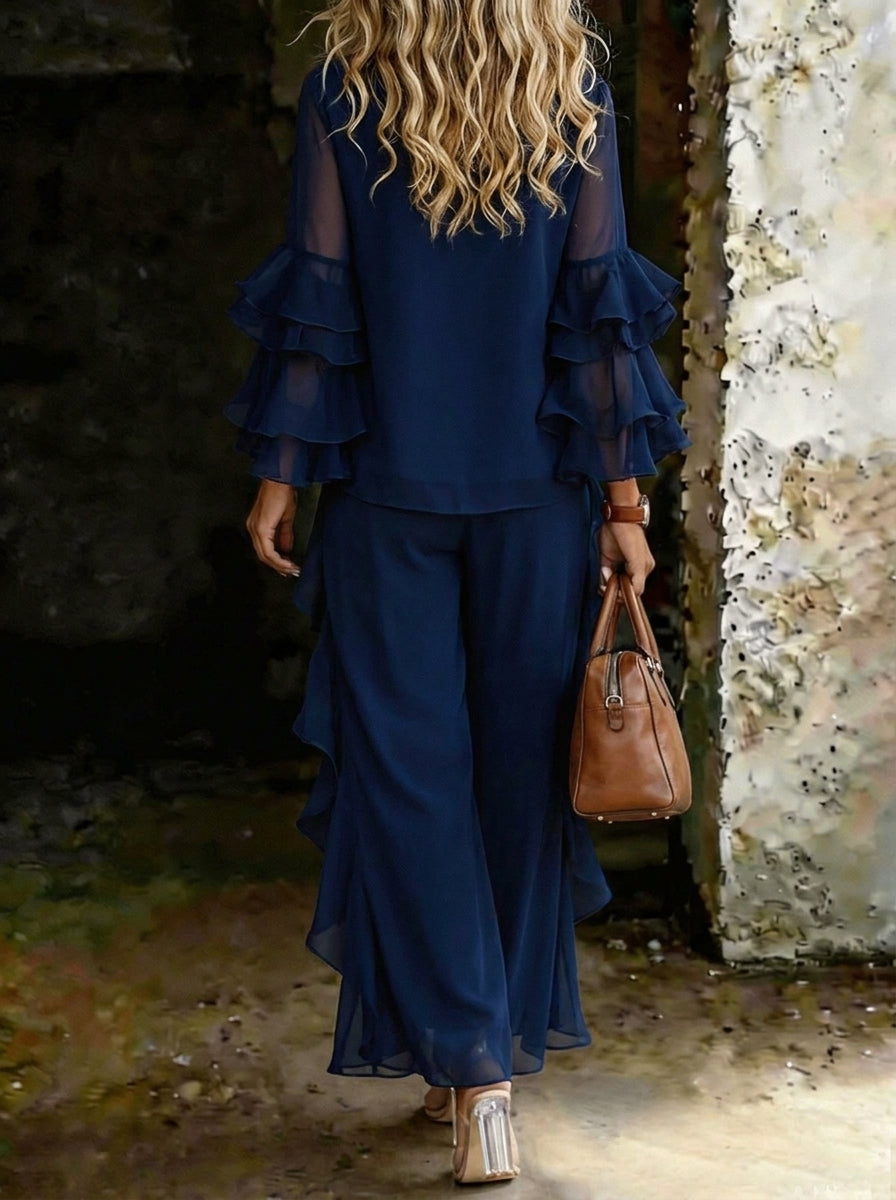 Women's Elegant Summer Round Neck Ruffle Sleeve Flowy Maxi Dress
