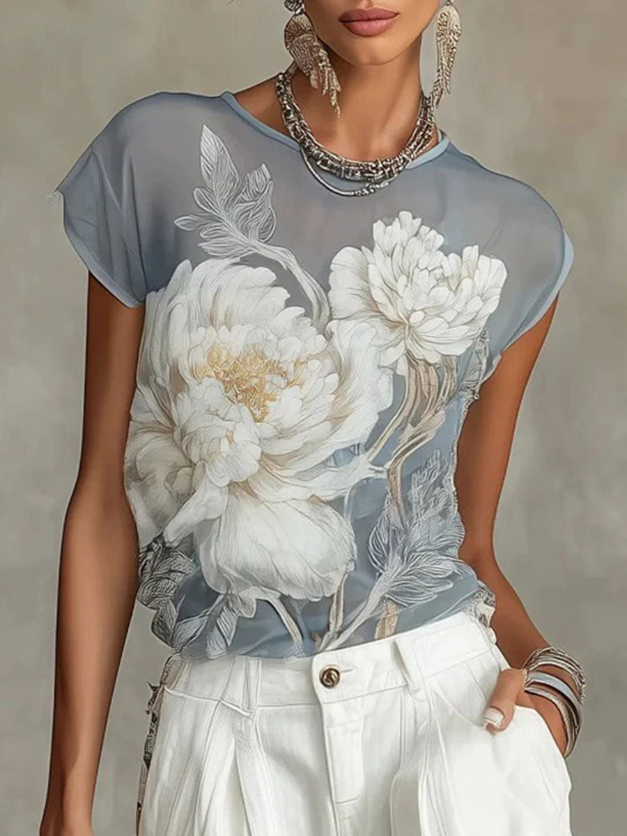 Women's Vintage Floral Print Chiffon T-shirt
