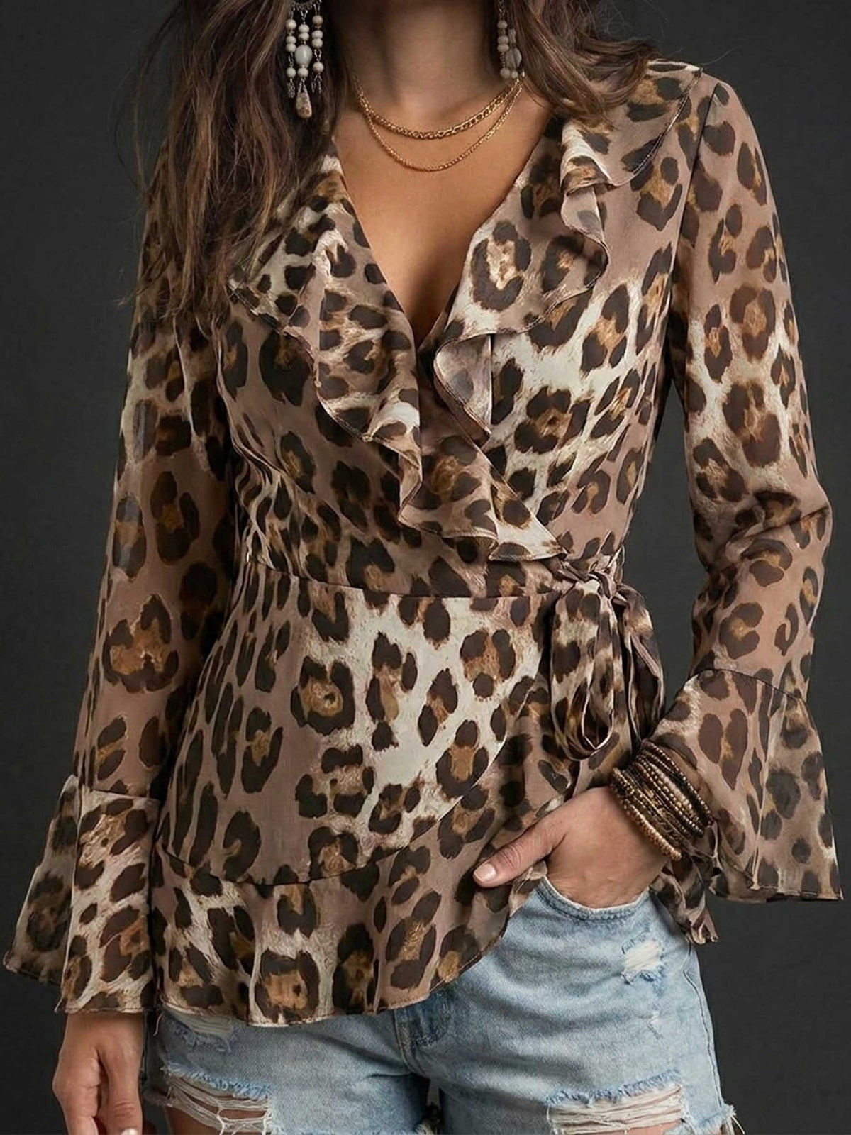 Vintage Leopard Print Ruffled Chiffon Casual Shirt