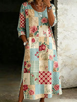 Women's Casual Retro Floral Print Cotton Linen Dress Round Neck And Side Slits
