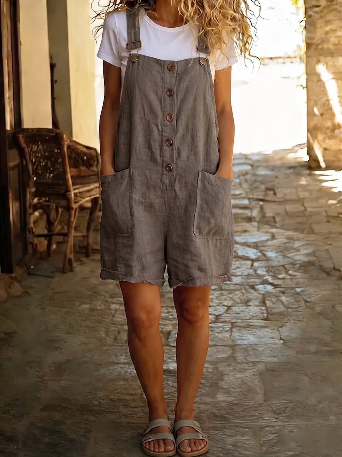 Casual Retro Adjustable-strap Linen-cotton Romper
