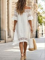 Women’s Lace Off Shoulder Casual Short Sleeve Cotton Linen Maxi Dress