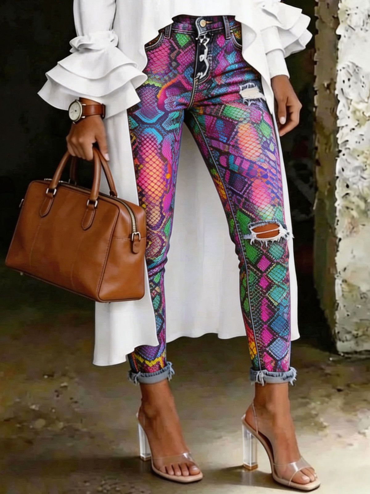 Women's Multicolor Animal Art Print Art Ripped Skinny Jeans