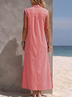 Women's Striped Print Sleeveless Cotton-linen Casual Loose Dress With Collar
