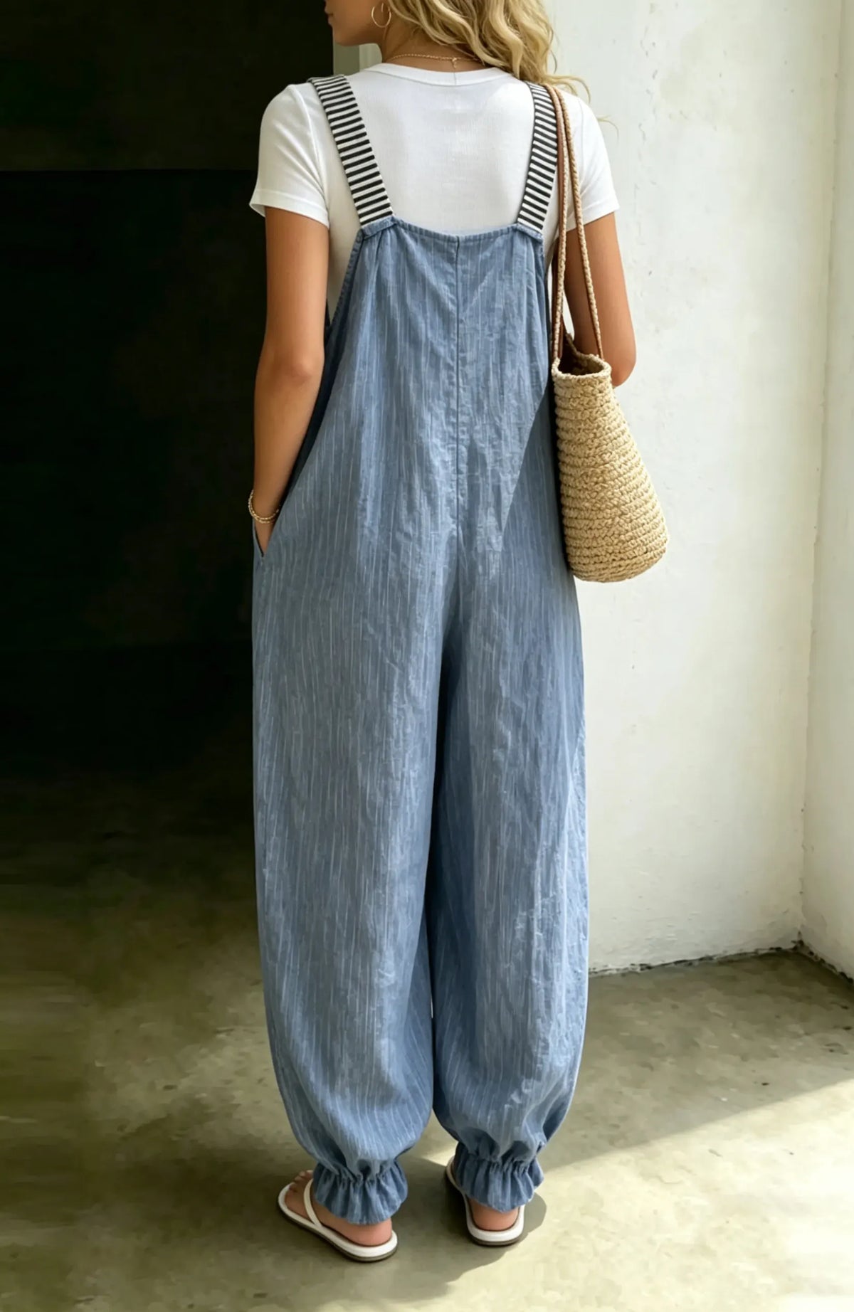 Women's Loose Denim Jumpsuit With Striped Straps, Casual Front Zip Harem Romper With Pockets