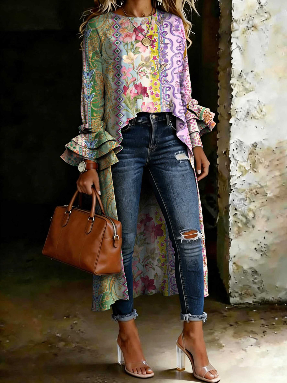 Women's Vintage Floral Casual Solid Color Cotton Shirt