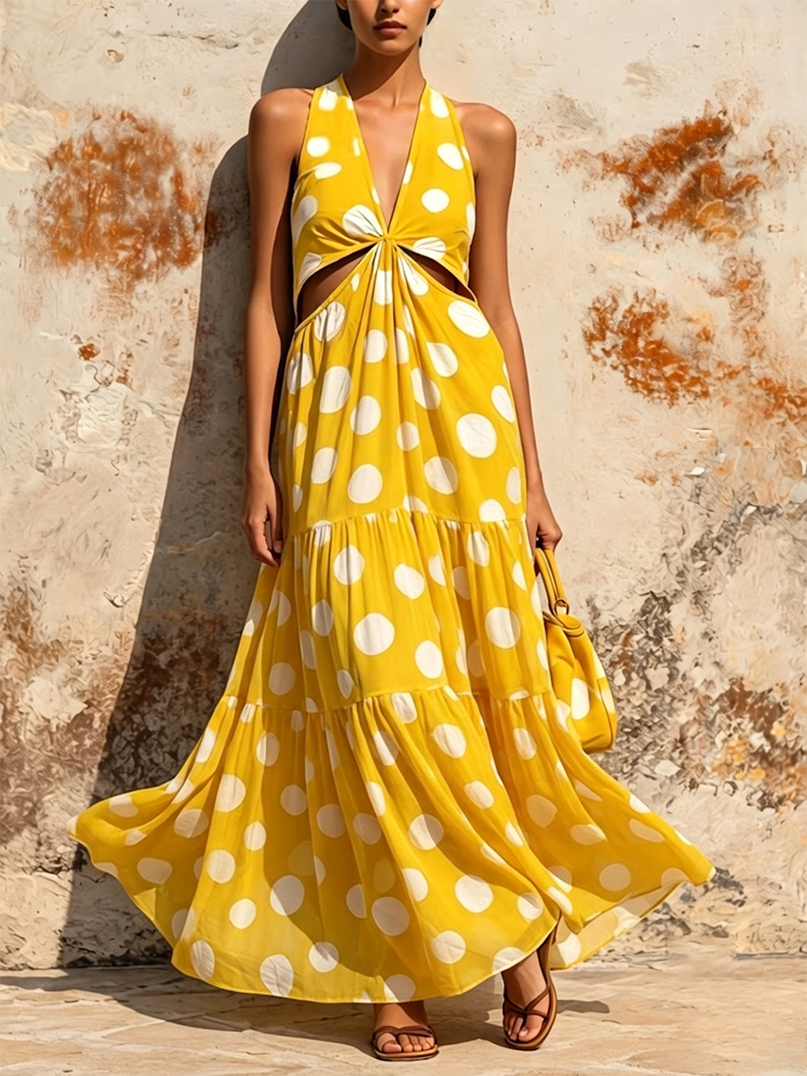 Polka-dot Halter-neck Deep-v Maxi Dress With A Knotted Cutout And Tiered Ruffles.