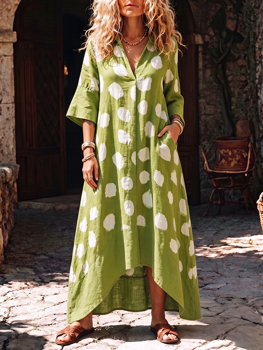 Breathable Cotton-linen Dress With Green Polka-dot Print