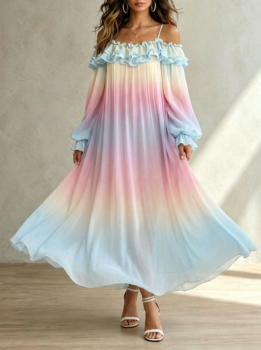Women’s Romantic Vocation Summer Ombre Chiffon Off-shoulder Ruffled Hem Long-sleeve Maxi Dress