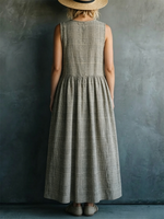 Plaid Crew Neck Sleeveless Linen-cotton Dress