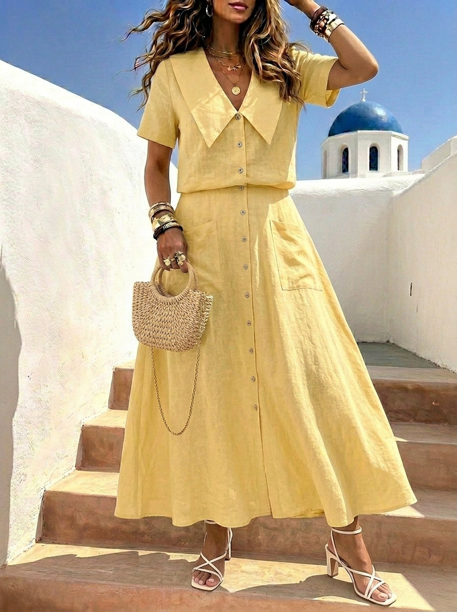 Women’s Solid-color Big Collar Cotton Linen Casual Short Sleeve V Neck Button Down Shirts Maxi Dress