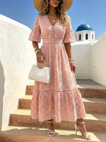 Women’s V-neck Short-sleeve Cut-out Details And Single-breasted Closure Lace Dress