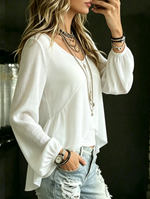 Women's Elegant V-neck Long Sleeve Blouse With High-low Hem And Lantern Sleeves