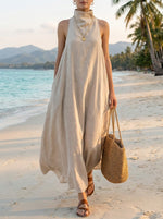Women's Stand Collar Linen Maxi Dress