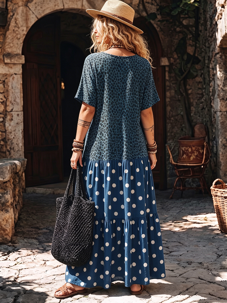 Relaxed Leopard And Polka-dot Patchwork Boho Dress With Pockets