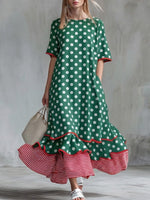 Casual Short-sleeve Dress With Polka-dot Print And Ruffled Hem
