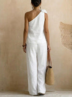 Women’s Bohemian White Linen-Blend Two-Piece Set – One-Shoulder Top with 3D Floral & Drawstring Waist Pants