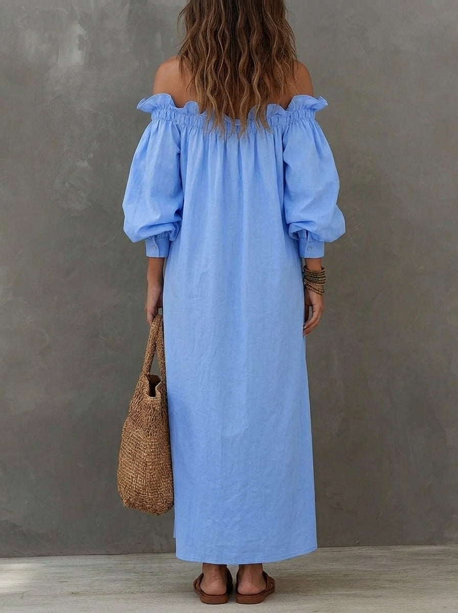 Women’s Elegant Romantic Vocation Off-shoulder Ruffle Button Down Maxi Dress
