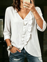 Women's Casual Long Sleeves V-neck Ruffled Shirt