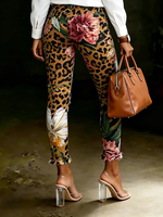 Women's Retro Leopard Print Lily Art Ripped Skinny Jeans