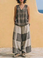 Casual Retro Plaid Linen-cotton Sleeveless Top And Pants Two-piece Set