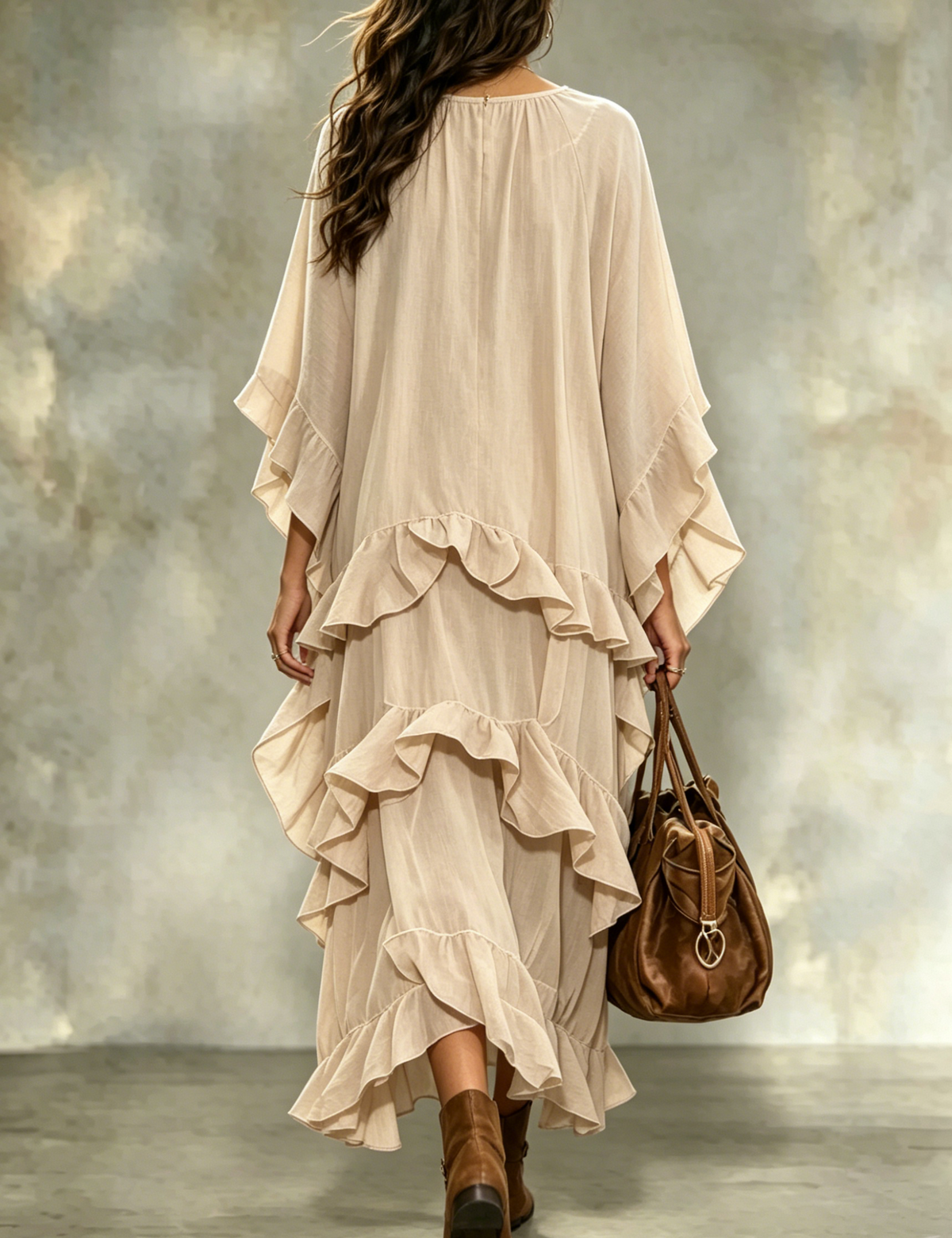 Women's Boho Crew Neck Tiered Ruffle Maxi Dress