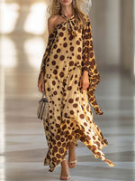 Women's Polka-dot Print Off-shoulder Long-sleeve Loose Casual Chiffon Dress