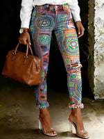 Women's Floral Art Print Art Ripped Skinny Jeans