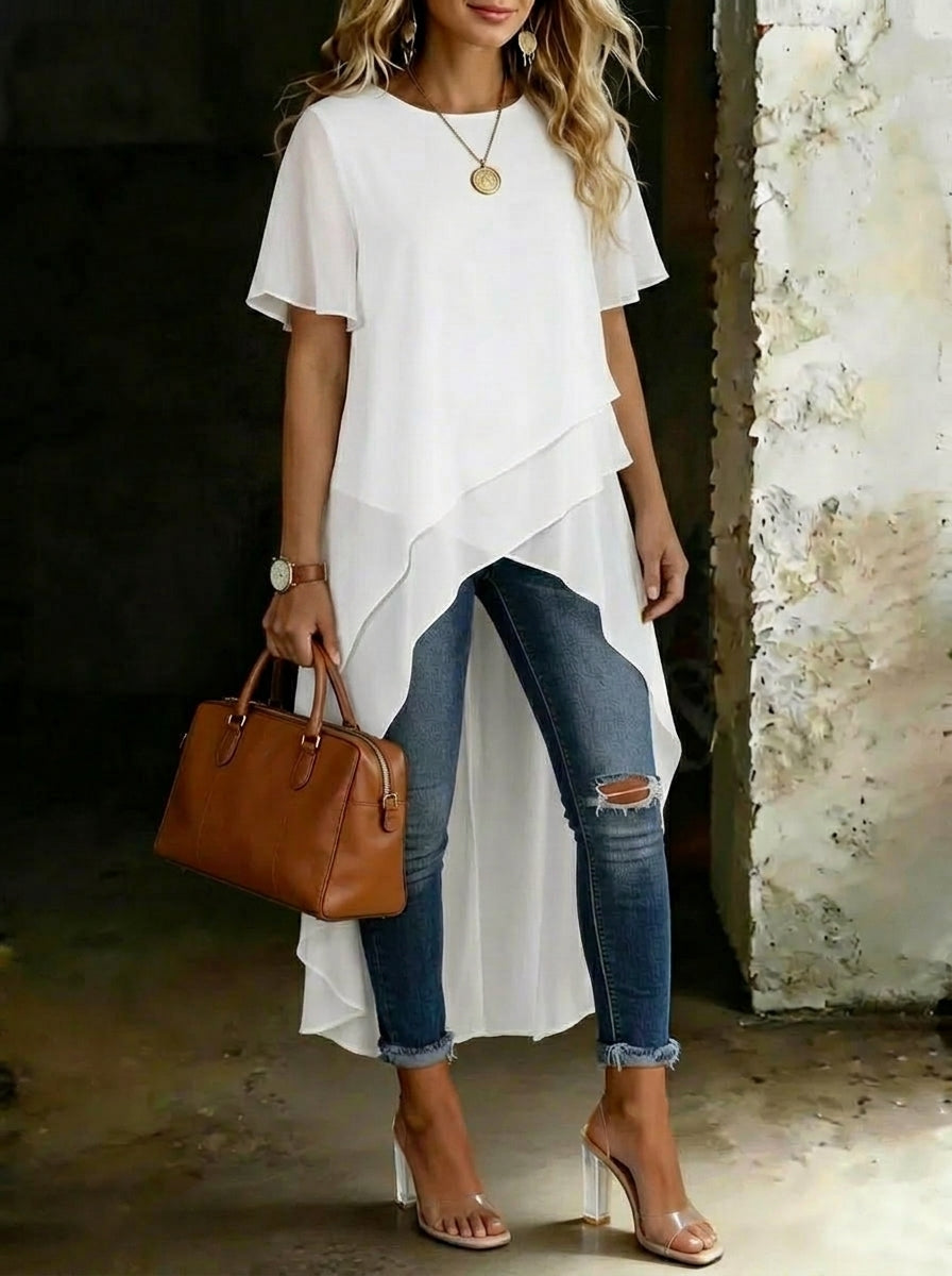 Women's Causal Short Sleeve Round-neck High-low Hem Design Chiffon Top