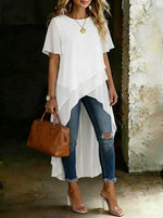 Women's Causal Short Sleeve Round-neck High-low Hem Design Chiffon Top
