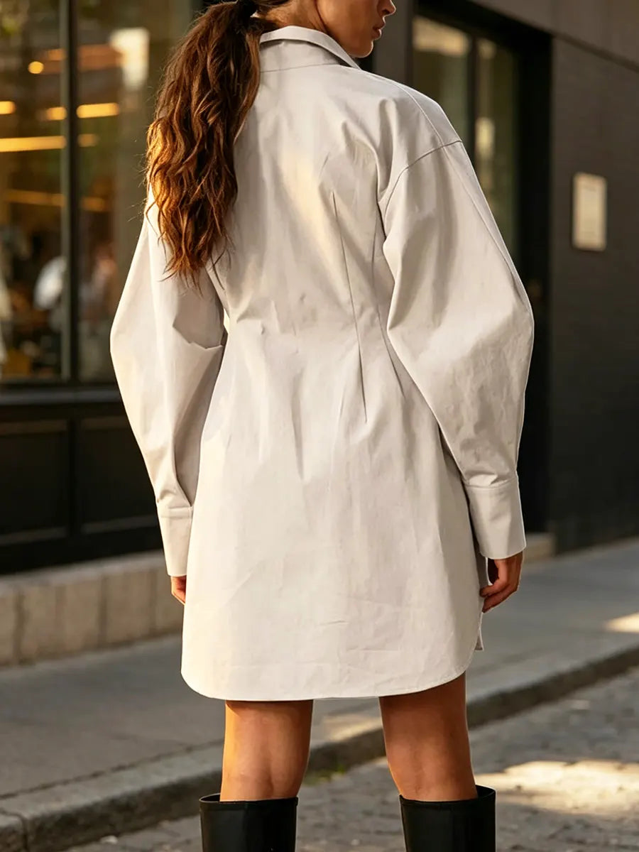 Vintage Cinched Waist Slim Fit Solid Color Shirt Dress
