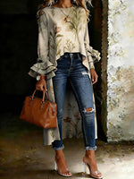 Women's Vintage Floral Casual Solid Color Cotton Shirt