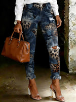 Women's Floral Leopard Print Art Ripped Skinny Jeans