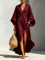 Women's V-neck Lazy Style Batwing Sleeve Loose Long Vacation Dress